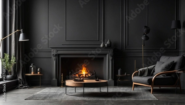 Fototapeta Artistic Empty Frame on a Wall of Dark Grey Living Room for Creative Display