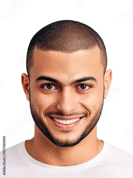 Fototapeta A Middle Eastern young adult man with black buzz cut, brown eyes, wearing casual, showing playfulness with a cheeky grin,