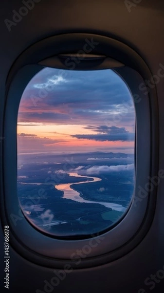 Fototapeta Winding river and vibrant sunset skies viewed from airplane window high above land