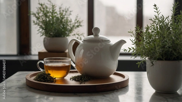 Obraz A glass teapot filled with lightly colored herbal tea is placed on a small wooden tray. Two minimalist ceramic mugs with a matte white finish sit next to the teapot, one partially filled