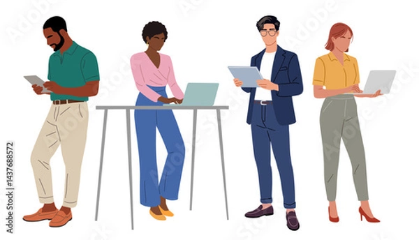 Fototapeta Business people working at laptop, digital tablet. Different men and women wearing smart casual office outfits standing with computer. Vector realistic illustration isolated on transparent background