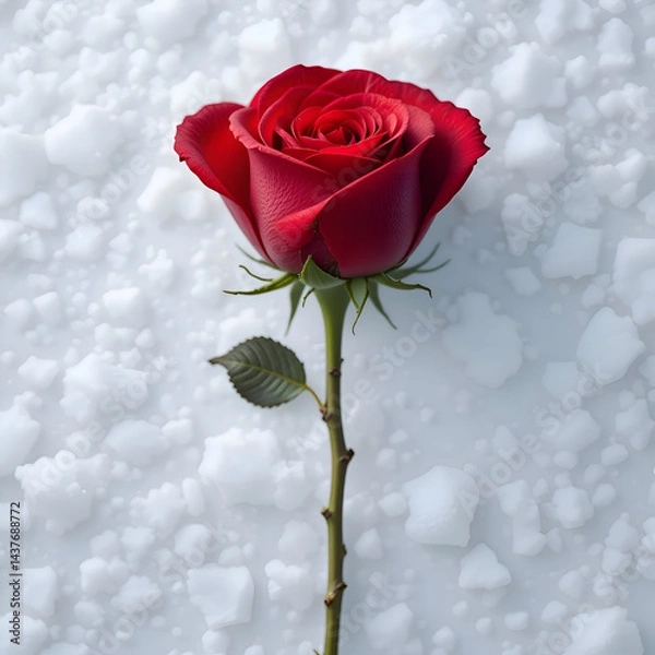 Obraz Single Red Rose on Snowy White Background, Elegant Minimalistic Floral Concept for Love, Romance, Nature Themes