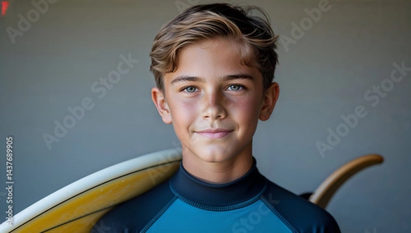 Fototapeta Photorealistic Portrait of a Young Surfer Enjoying a Sunny Day by the Ocean, Representing an Active Lifestyle