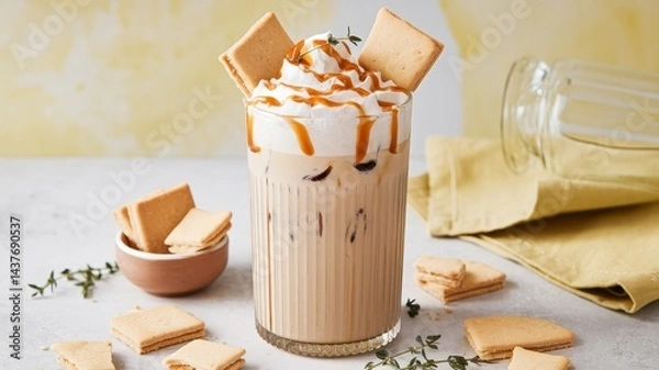 Fototapeta Styled studio photo of iced coffee topped with caramel, cream, and crackers