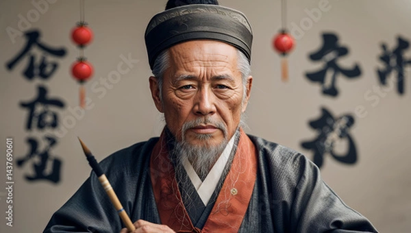 Fototapeta Cultural Heritage Portrait Featuring Elderly Man with Detailed Wrinkles and Serene Expression in a Muted, Artistic Composition