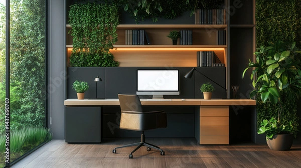 Fototapeta Modern office with a large computer monitor and a black chair. The desk is surrounded by potted plants and a bookshelf. The room has a minimalist and professional feel