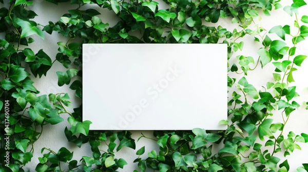 Obraz White blank paper is placed in front of a green ivy plant. Which gives the impression of a blank canvas or a fresh start. The ivy plant adds a touch of nature and freshness to the scene
