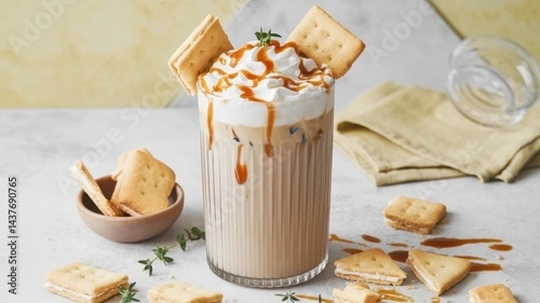 Fototapeta Caramel iced coffee in ribbed glass with whipped cream and crackers