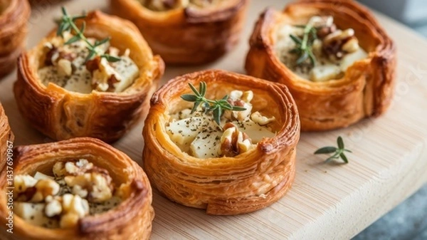 Fototapeta Mini cheese pastries with nuts and thyme on wooden cutting board