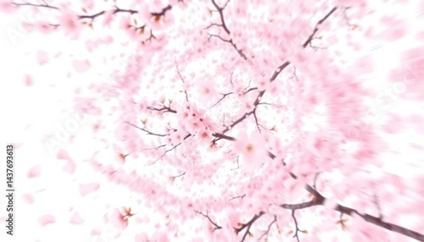 Fototapeta Dreamy Spring: Blurred Pink Cherry Blossoms Bursting into a White Canvas Creating an Ethereal Ambience