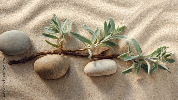 Fototapeta Minimalist sand background with eucalyptus branch and smooth stone for spa or wellness, serene composition of sage twig and pebble rocks on sand with botanical background