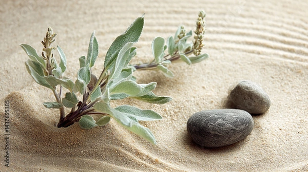 Fototapeta Minimalist sand background with eucalyptus branch and smooth stone for spa or wellness, serene composition of sage twig and pebble rocks on sand with botanical background
