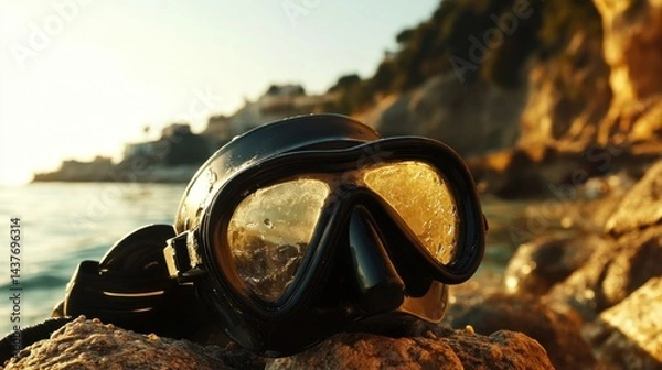Obraz Bright snorkel mask and fins abandoned on a sunlit rocky shore
