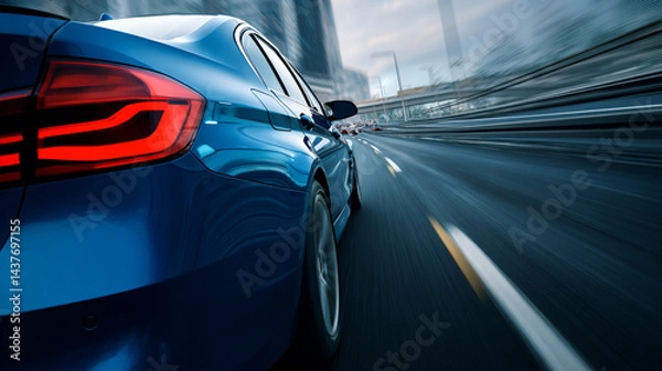 Fototapeta High-speed car racing down urban highway with motion blur effect,