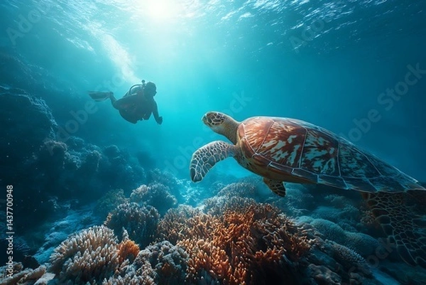 Fototapeta A scuba diver gracefully swimming alongside a majestic sea turtle over a vibrant coral reef, surrounded by crystal-clear tropical water, peaceful atmosphere, empty space for copy.