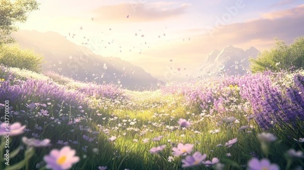 Fototapeta A sunlit meadow filled with wildflowers in shades of lavender, soft pink, and pale yellow