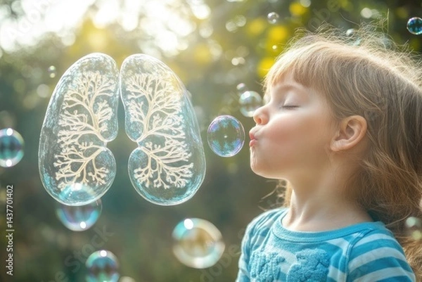 Obraz Transparent lung overlay on child blowing bubbles