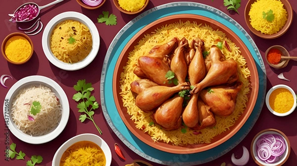 Obraz Delicious Middle Eastern chicken and rice feast, surrounded by colorful spices, herbs, and side dishes, perfect for festive gatherings and food lovers