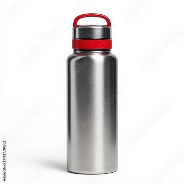 Fototapeta Close-up of a sleek metal water bottle with a red handle and band against a white background