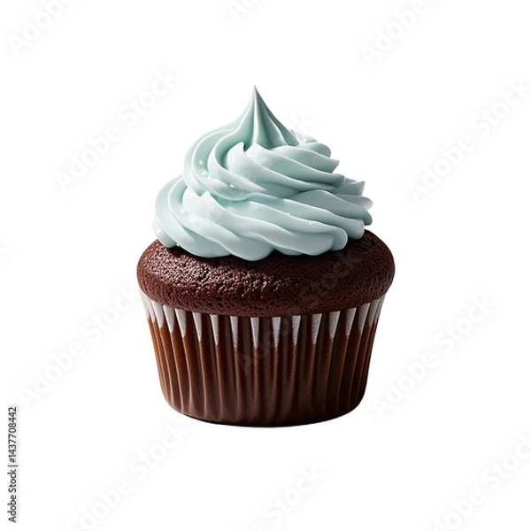 Fototapeta Chocolate cupcake with light blue swirled frosting in brown wrapper PNG file download