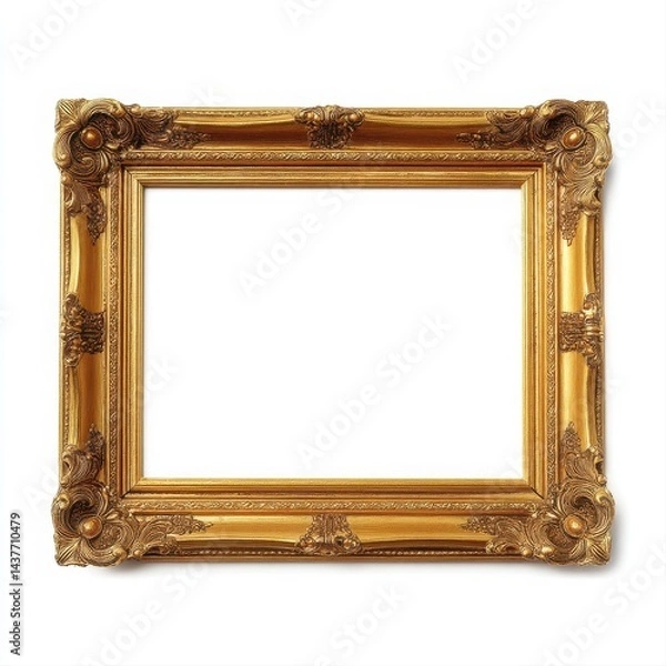 Fototapeta A gilded ornate picture frame with a white center on a white background