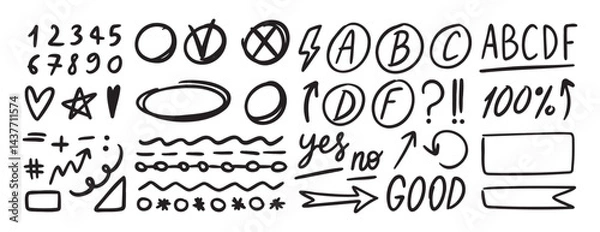 Fototapeta Grading hand drawn doodle set elements for school. Knowledge testing marks. grades results, frame accent line, plus and minus signs, check mark and cross mark, underlines, arrows. 