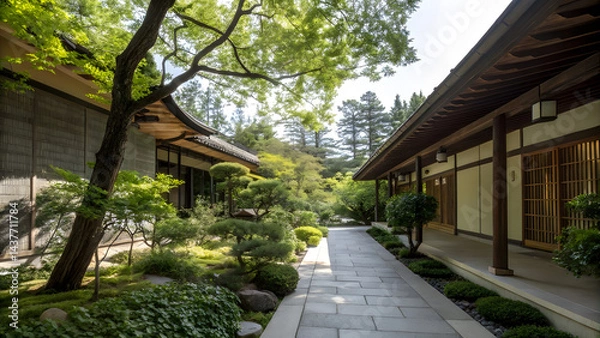 Obraz Architectural Composition with Green Foliage and Balanced Shadows. Perfect for: Earth Day, green architecture tours
