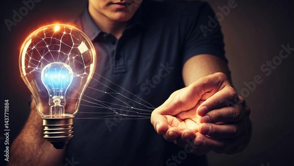 Obraz Innovative Man Holding Glowing Light Bulb with Network Interface