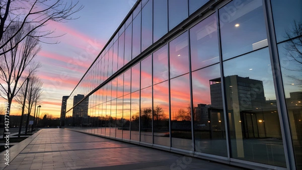 Obraz Evening Glass Wall Reflections with Gradient Sky and Building Lights. Perfect for: Autumn city tours, evening reflections walks