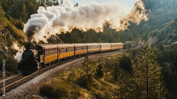 Obraz Scenic Train Journey Through Breathtaking Landscape, Adventure Awaits at Every Turn, Exploring Nature and Adventure from the Rails