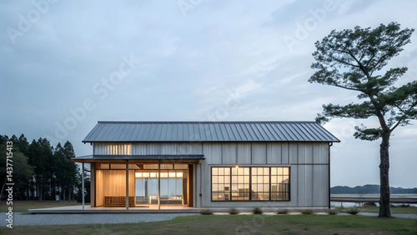 Obraz Minimalist Japanese Modern Architecture with Steel and Wood. Perfect for: Japanese architecture exhibitions, minimal design fairs