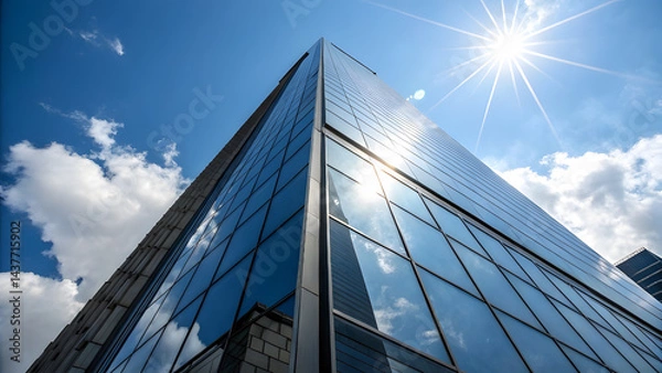 Obraz Sharp Low-Angle View of Glass Commercial Tower. Perfect for: World Architecture Day, blue sky skyscraper tours