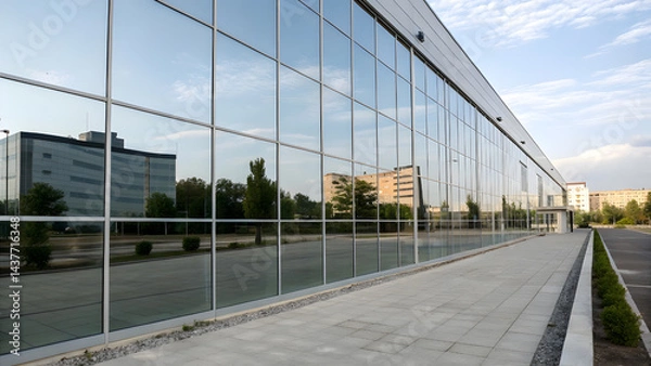 Obraz Mirror-Like Glass Facade with Horizontal Emphasis. Perfect for: Urban reflection exhibitions, architectural photography fairs