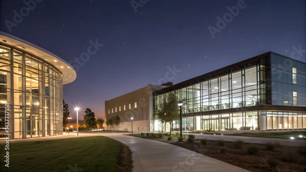 Obraz Night View of Tech Campus with Rhythmic Lights. Perfect for: Tech conferences, campus lighting design exhibitions