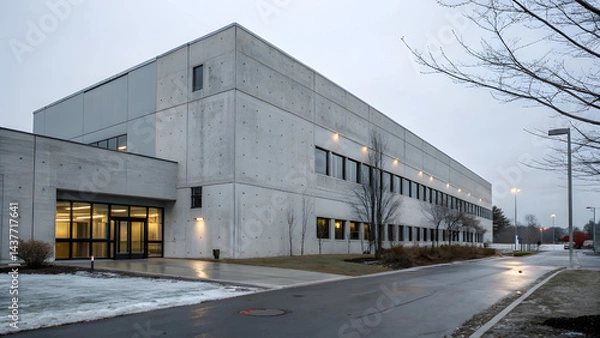 Obraz Concrete Office Building Under Soft Overcast Light. Perfect for: Overcast cityscape tours, minimalist photography walks