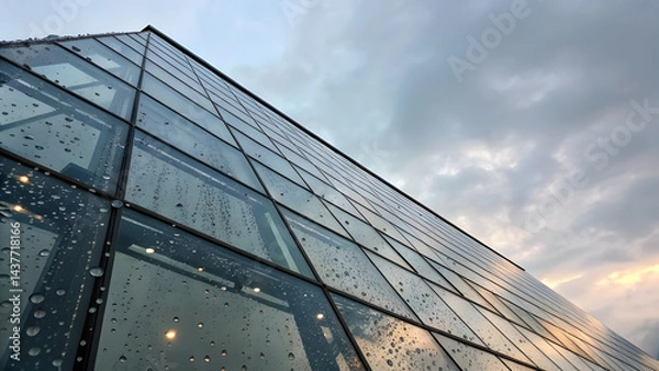 Obraz Post-Rain Glass Building with Soft Reflections. Perfect for: Rainy day urban photography events, reflective city walks