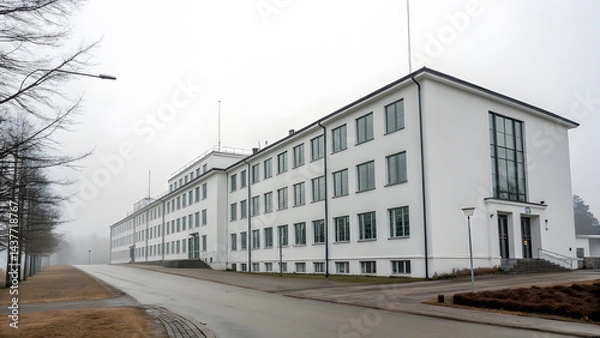 Obraz Scandinavian White Office Building in Soft Haze. Perfect for: Scandinavian design exhibitions, white architecture tours