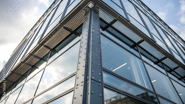 Obraz Sharp Architectural Corner of Glass and Metal Junction. Perfect for: Architectural detail showcases, glass-metal photography