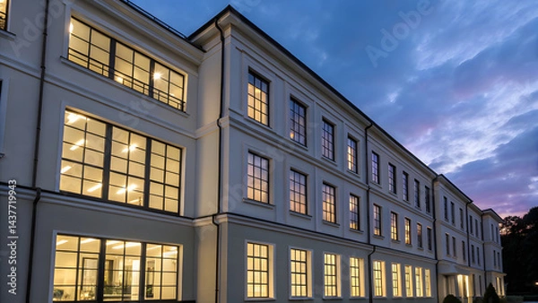 Obraz Dusk View of Smart Building with Symmetrical Windows and Lighting. Perfect for: Dusk architectural photography events, window grid exhibitions