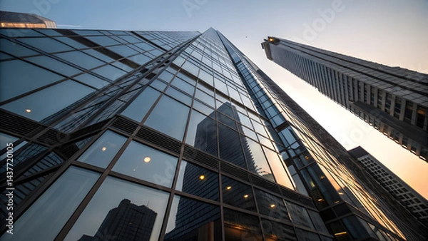 Obraz Steel-Framed High-Rise with Morning Light Reflections. Perfect for: Early morning skyline showcases, steel-frame architecture tours