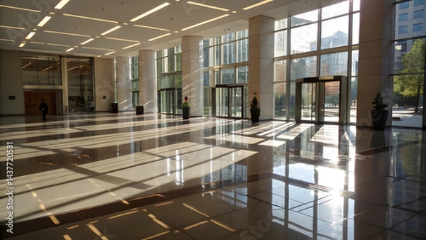 Obraz Corporate Lobby with Geometric Light Reflections and Symmetry. Perfect for: Corporate architectural photography fairs, lobby design events