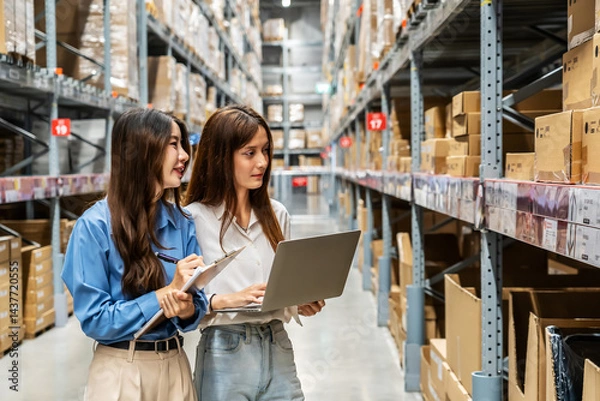 Fototapeta Two young asian women share insights and strategies while inspecting numerous packages and boxes engage in lively discussion while navigating a bustling warehouse filled with packages