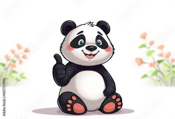 Obraz Adorable cartoon panda bear sitting, giving a thumbs-up gesture Ample empty space surrounds the illustration, background,  empty background
