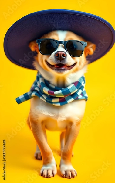Obraz funny and happy dog in blue big hat  against vibrant yellow background. Digital artwork. Ai generated
