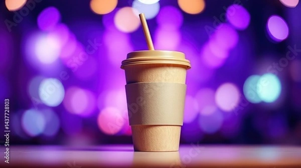 Obraz Paper coffee cup with straw on a table, vibrant background