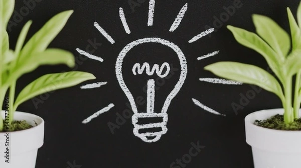 Fototapeta Idea generation, inspiration, and growth concept. Two small potted plants flank a chalk drawing of a lightbulb on a dark background