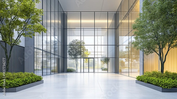 Obraz modern minimalist business building entrance with large glass windows and greenery