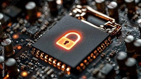Fototapeta Digital security concept with lock symbol on microchip circuit board