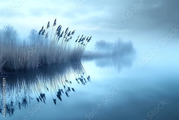 Obraz A tranquil pond with swaying reeds along its edges, reflecting the soft blue tones of an overcast sky.