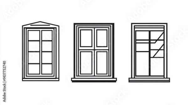 Fototapeta Three window styles, architectural design, white background, home improvement